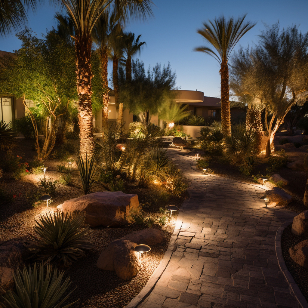 A night photo of a xeriscape in Las Vegas.